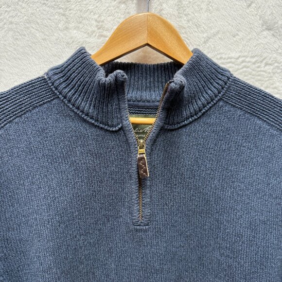 Eddie Bauer Seattle Sweater Mens TL Navy Blue Knit Cotton Mock Neck Quarter-Zip - Picture 2 of 12
